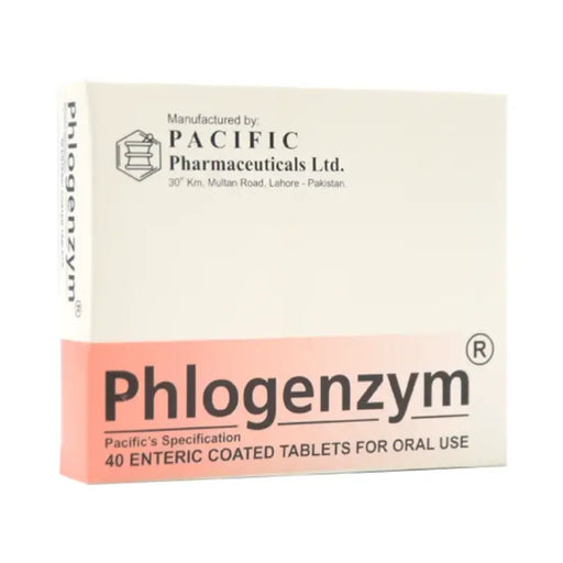 Box of Phlogenzym tablets by Pacific Pharmaceuticals Ltd on a white background