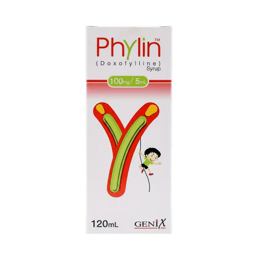 Phylin Doxofylline syrup packaging with a cartoon character on a white background