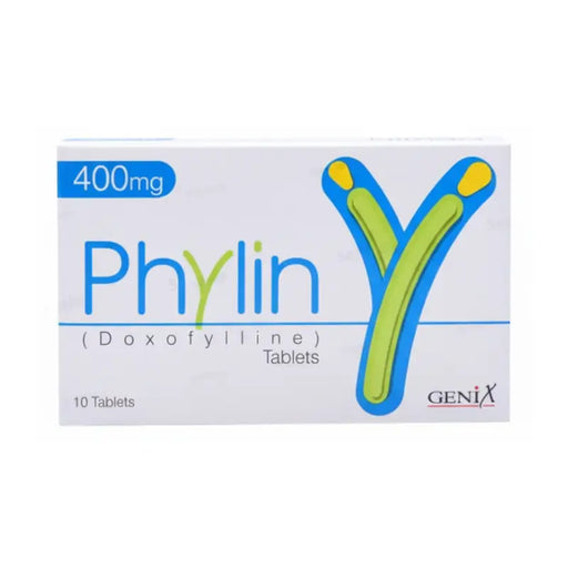Box of Phylin Doxofylline Tablets with Genix branding on a white background