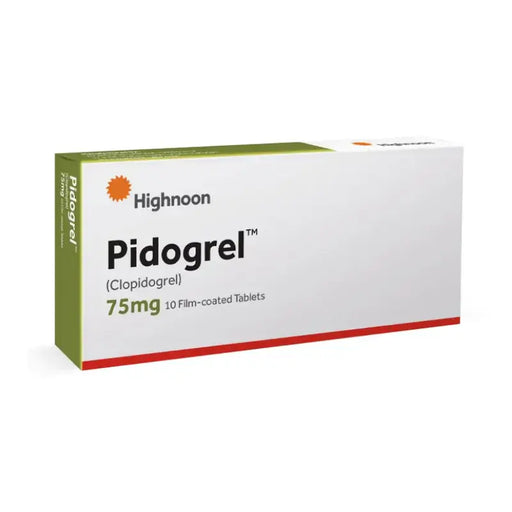 Box of Highnoon Pidogrel 75mg tablets on a white background