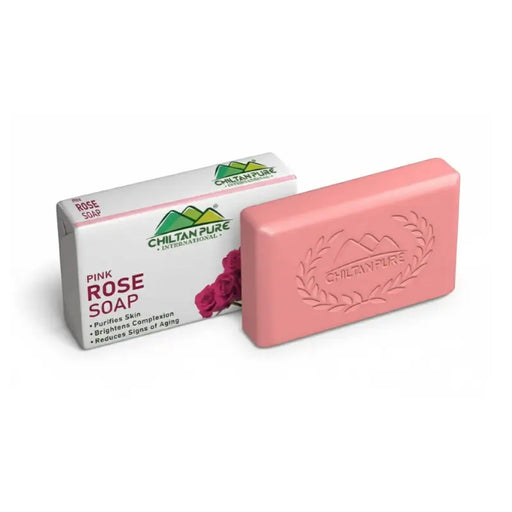Pink rose soap bar with packaging on a white background