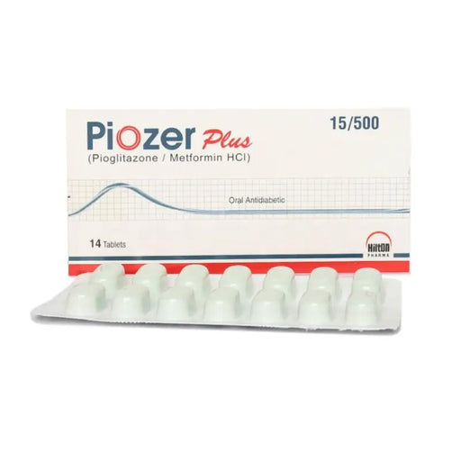 Piozer Plus packaging with tablets on a white background