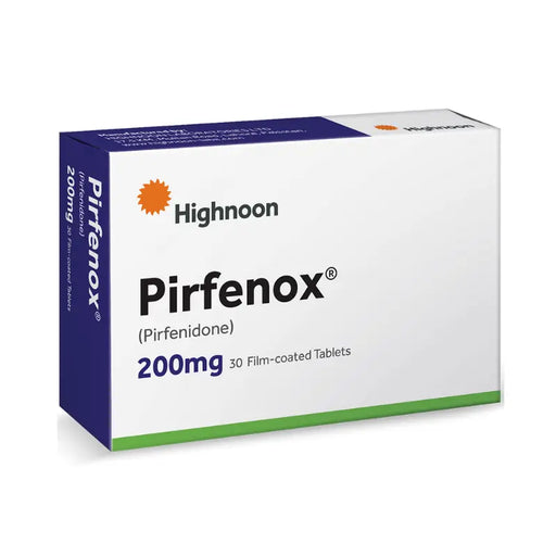 Box of Highnoon Pirfenox 200mg tablets on a white background