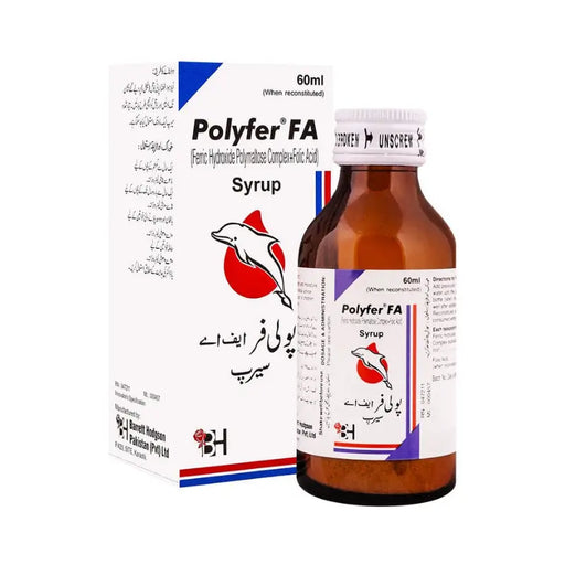 Polyfer FA syrup bottle and packaging on a white background