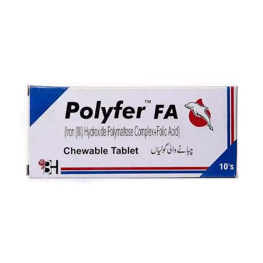 Box of Polyfer FA chewable tablets on a white background