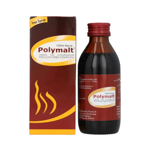 Polymalt syrup bottle and packaging on a white background