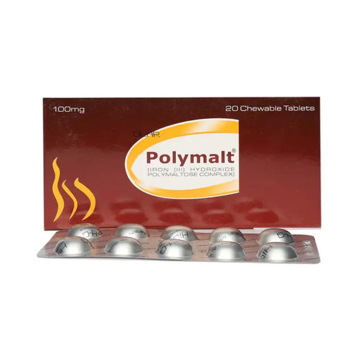 Box of Polymalt chewable tablets with silver packets on a white background