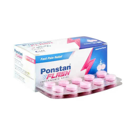 Box of Ponstan Flash pain relief tablets on a white background