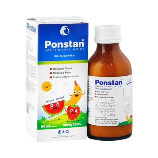 Ponstan oral suspension bottle and packaging on a white background