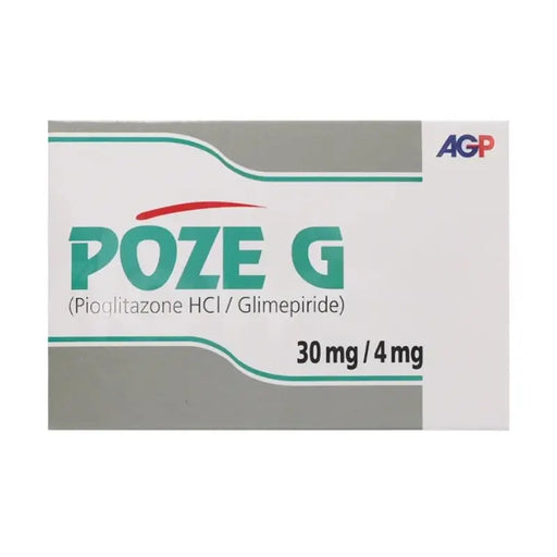 Packaging for POZE G oral antidiabetic tablets, showing brand name and dosage information.