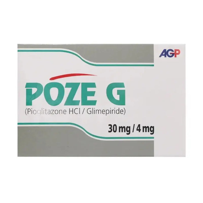 Packaging for POZE G oral antidiabetic tablets, showing brand name and dosage information.