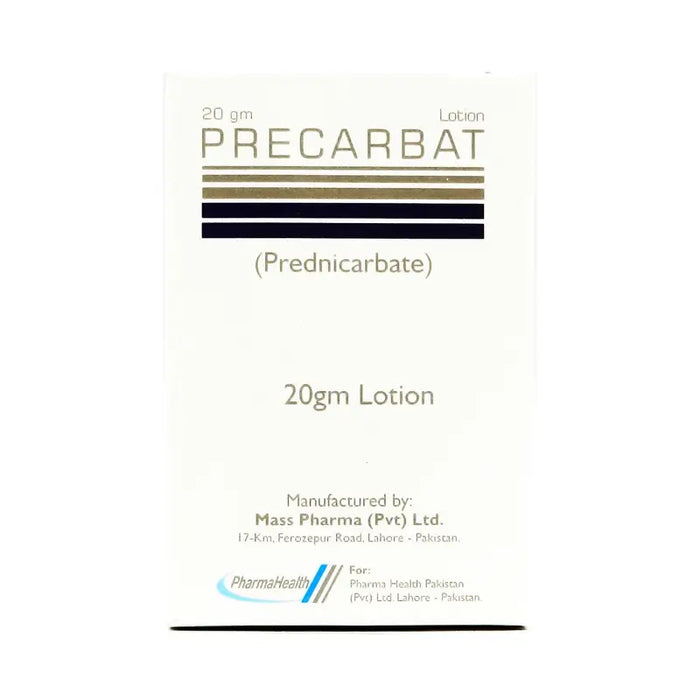 Package of Precarbat lotion with branding and product details on a white background