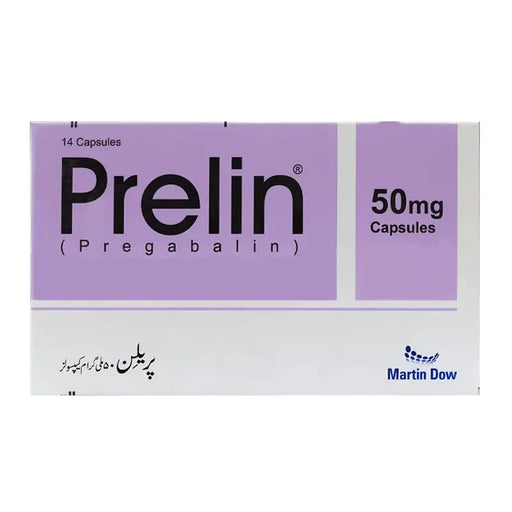 Box of Prelin 50mg capsules with Martin Dow branding on a white background
