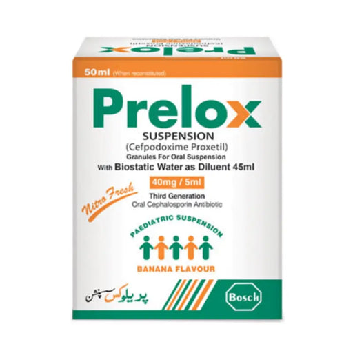 Prelox Suspension packaging with branding and product details on a white background
