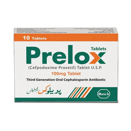 Prelox antibiotic tablet box with branding on a white background