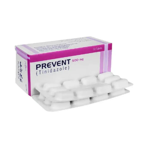 Box of Prevent (Tinidazole) tablets on a white background