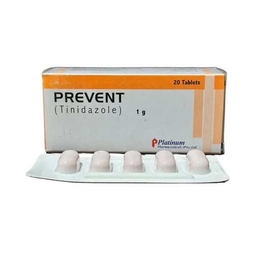 Box of Prevent (Tinidazole) tablets with four tablets displayed in front on a white background