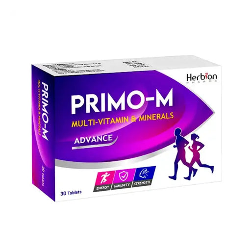 Box of Primo-M Multi-Vitamin & Minerals Advance by Herbiom on a white background