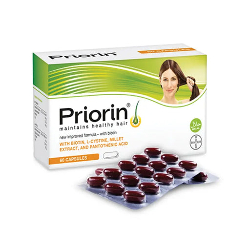 Priorin hair health supplement packaging with capsules on a white background