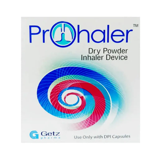 Prohaler dry powder inhaler device packaging with Getz Pharma logo on a white background