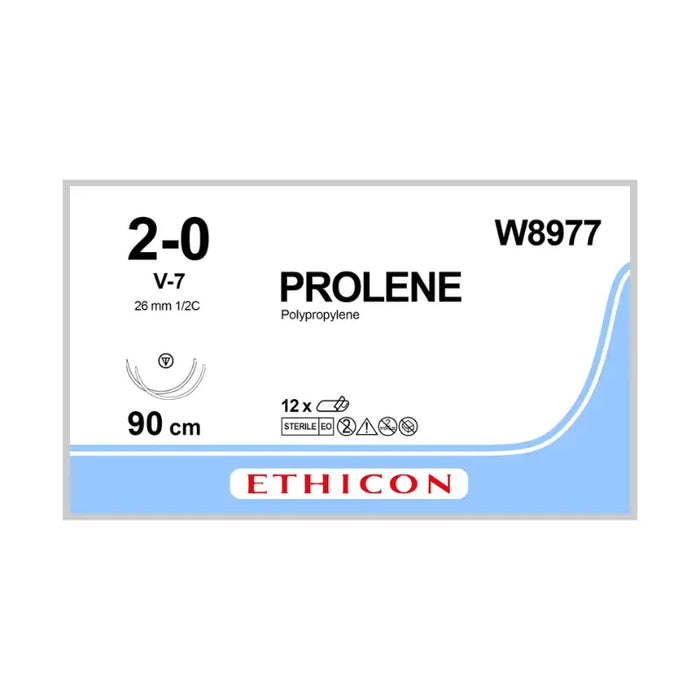 Ethicon Prolene suture package with specifications on a white background