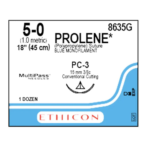 Ethicon Prolene suture package with specifications on a white background