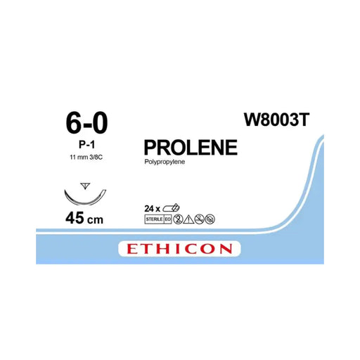 Ethicon Prolene suture packaging with specifications on a white background