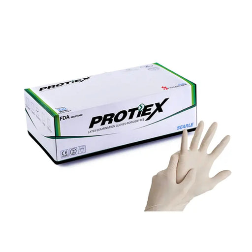 PROTIEX latex examination gloves with a box on a white background