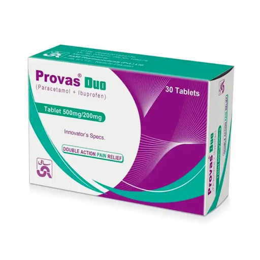 Box of Provas Duo tablets with purple and green design on a white background