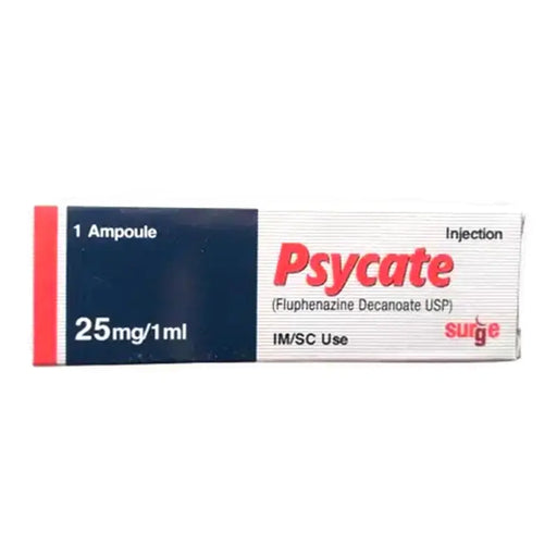 Psycate injection packaging with 'surge' branding on a white background
