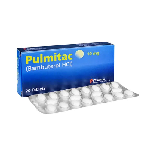 Pulmitac (Bambuterol HCI) packaging with tablets on a white background