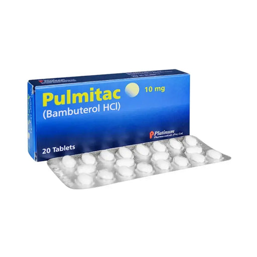 Pulmitac (Bambuterol HCl) packaging with tablets on a white background