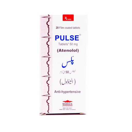 Box of Pulse (Atenolol) anti-hypertensive tablets on a white background
