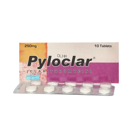 Pyloclar packaging with 10 tablets on a white background