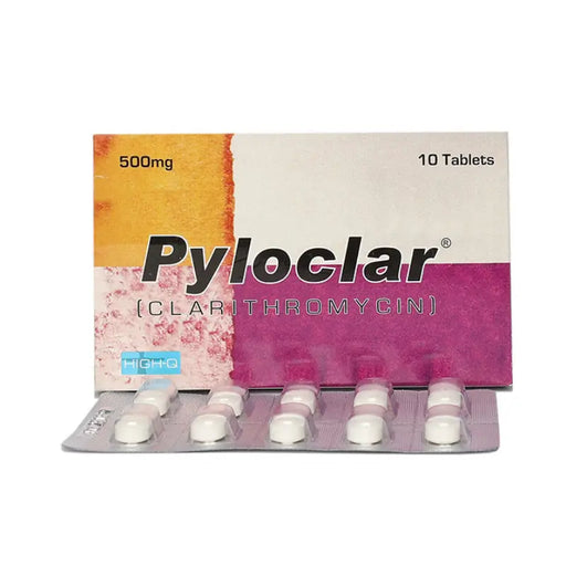 Pyloclar Clarithromycin packaging with tablets on a white background