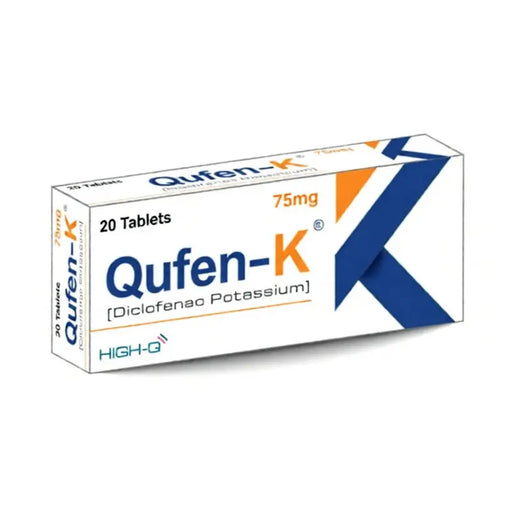 Box of Qufen-K tablets with 20 tablets and 75mg content on a white background