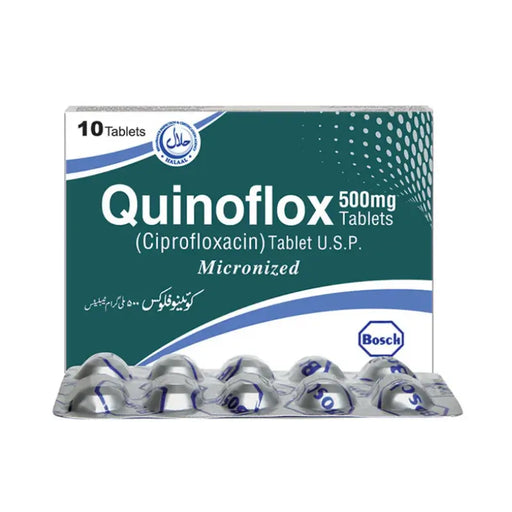 Box of Quinoflox 500mg Tablets with visible branding on a white background