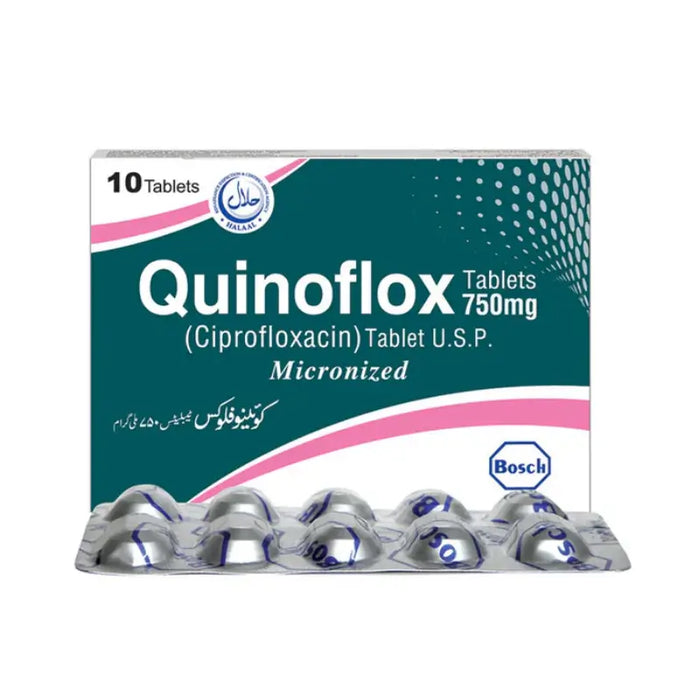 Quinoflox tablets packaging with visible branding on a white background
