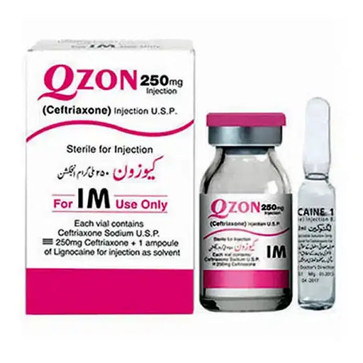Qzon 250mg injection packaging with vial and ampoule on a white background