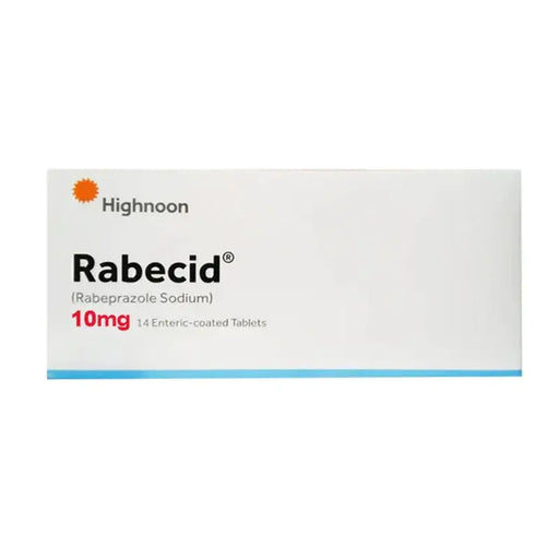 Box of Rabecid (Rabeprazole Sodium) 10mg tablets by Highnoon on a white background