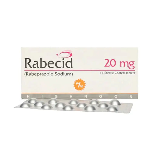 Rabecid 20 mg packaging with tablets on a white background