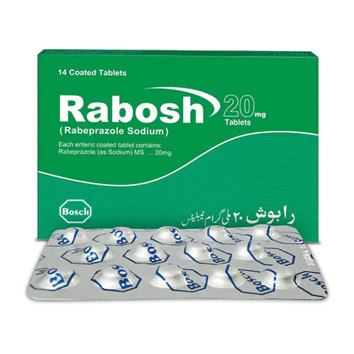 Rabosh 20mg tablets packaging with green box and silver blister pack on a white background