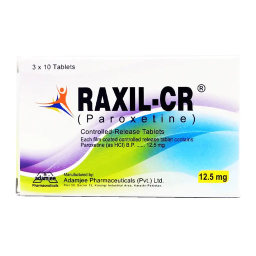 Box of RAXIL-CR Paroxetine tablets with colorful design on a white background