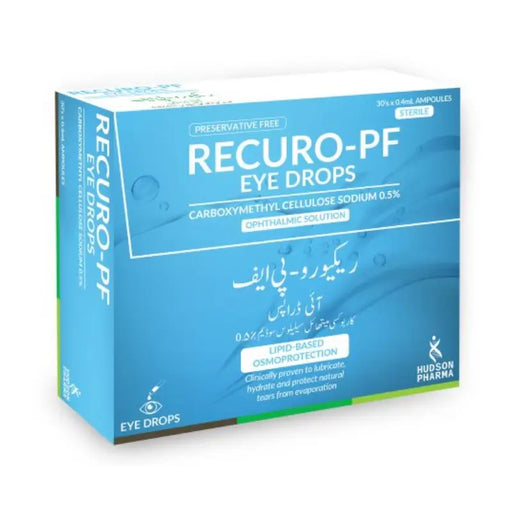 Box of Recuro-PF Eye Drops with blue and white design