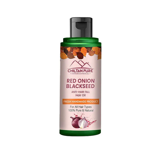 Chilthanpure Red Onion Blackseed hair oil bottle on a white background