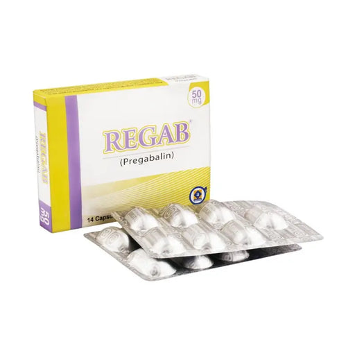 Box of REGAB (Pregabalin) with blister packs on a white background