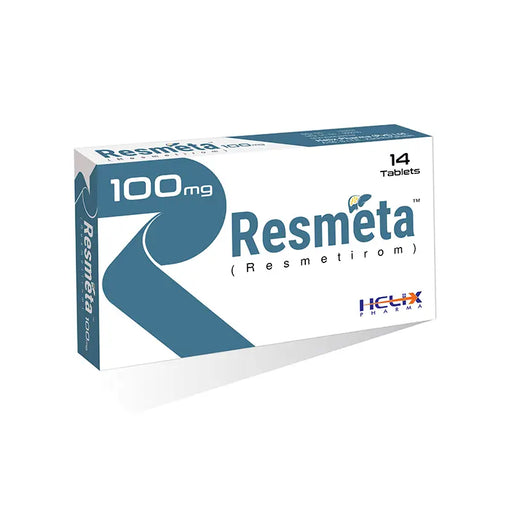 A box of Resmeta 100mg tablets containing 14 tablets manufactured by HELIX.