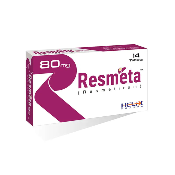 A box of Resmeta 80mg tablets containing 14 tablets, with the brand logo and name displayed on the packaging.