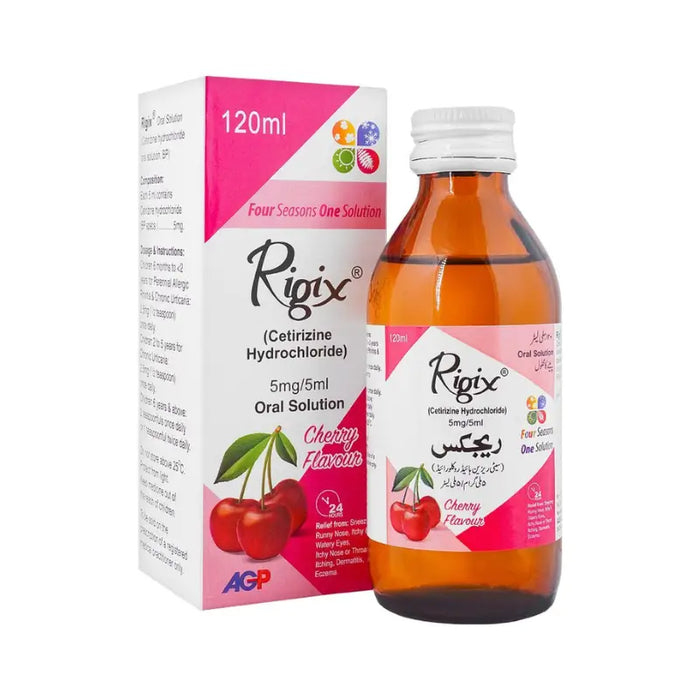 Rigix cherry-flavored oral solution bottle and packaging on a white background