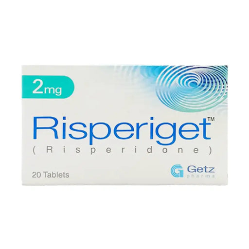 Box of Risperiget (Risperidone) tablets with Getz Pharma logo on a white background